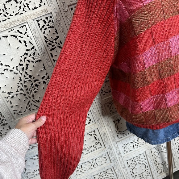 Vtg Marina Yachting Wool Blend Pink & Red Checkered Chunky Turtleneck Sweater - Picture 5 of 9